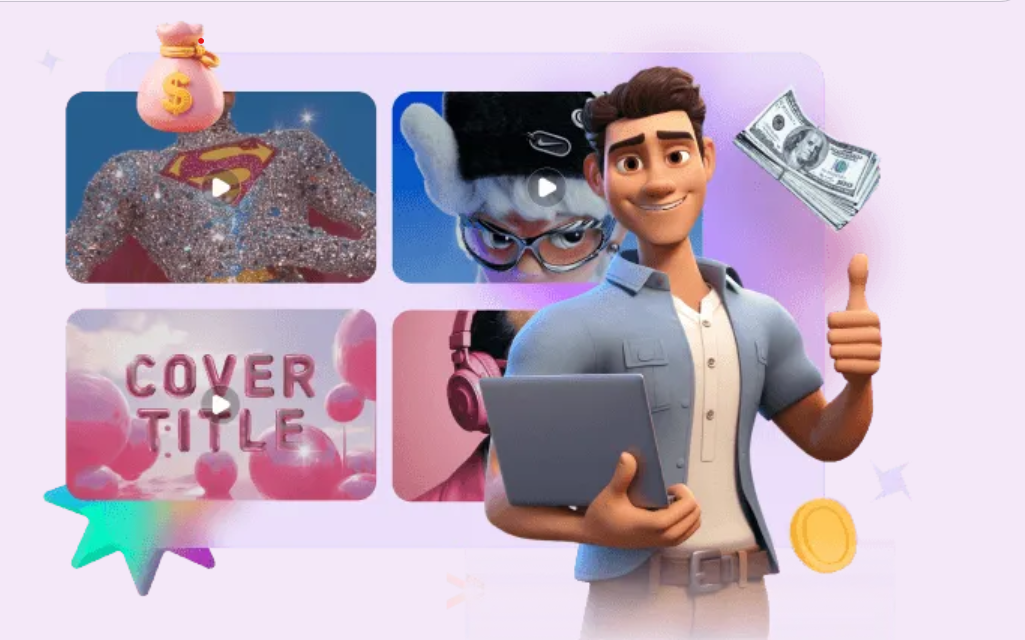 a cartoon character holding a tablet and money